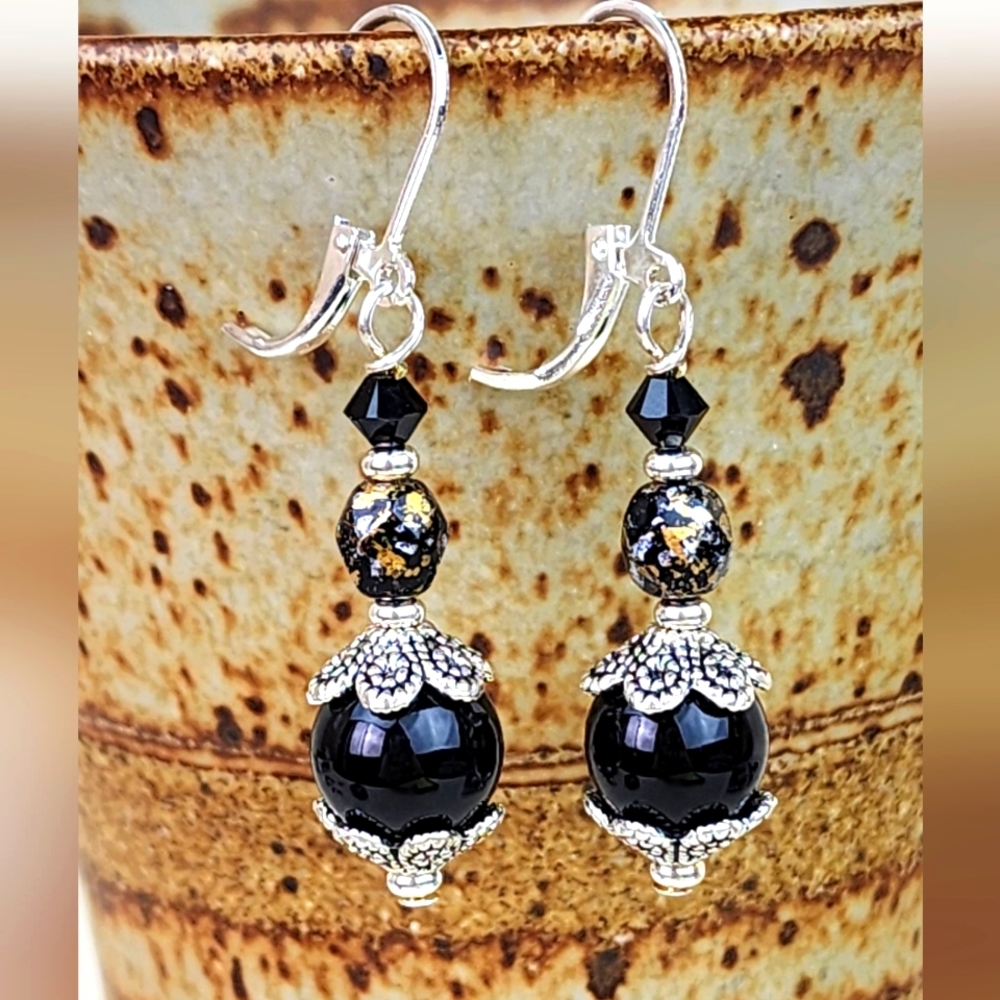 Black‎ Glass Bead Earrings with Silver Accents, Handmade Dangle Earrings